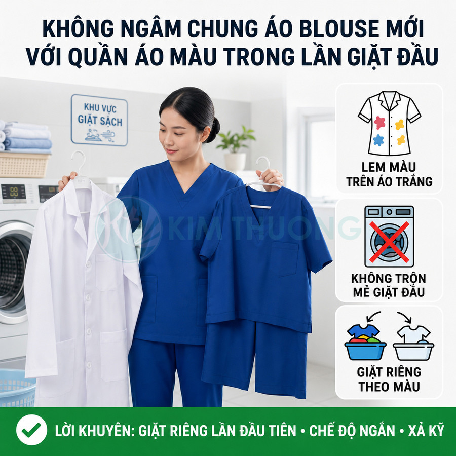 Nhân viên y tế cầm áo blouse trắng và bộ đồ scrub xanh, hướng dẫn giặt riêng áo mới theo màu để tránh lem màu